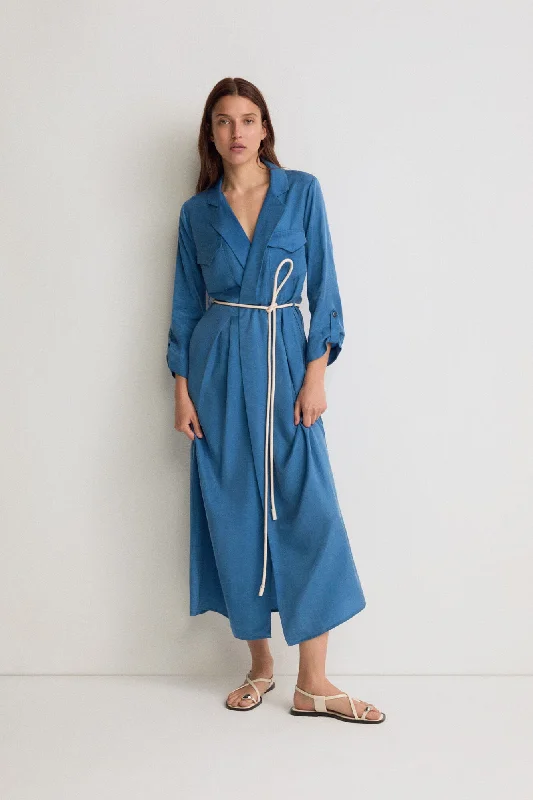 Blue Lyocell Shirt Dress with Belt Bohemian Shirt Dress