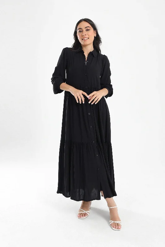 Tiered Maxi Shirt Dress Soft Cotton Shirt