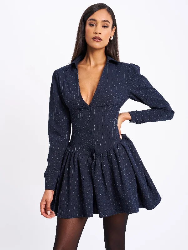 Xabrina Navyblue Pinstripe Long Sleeve Shirt Mini Dress Satin Shirt Dress