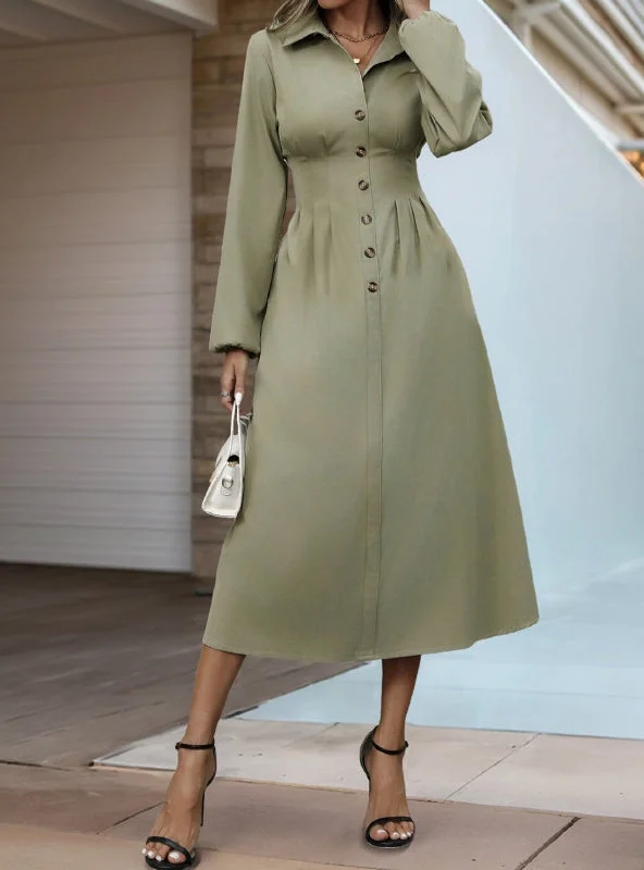 Lapel Silm Waist Button Shirt Dress Trendy Shirt Dress