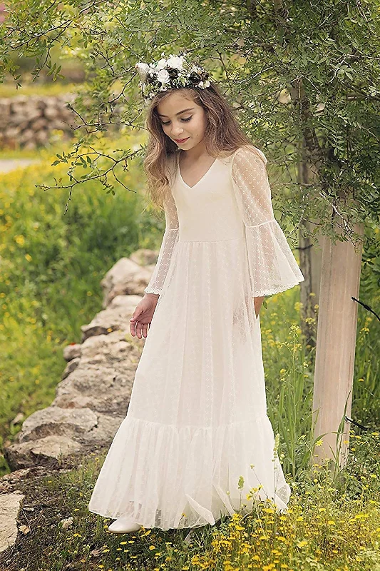 A-Line Floor Length Tulle Lace Flower Girl Dress CF0299 Boho Chic Tulle