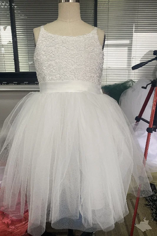 A-Line Knee Length Tulle Lace Flower Girl Dress CF0273 Casual Tulle Dress