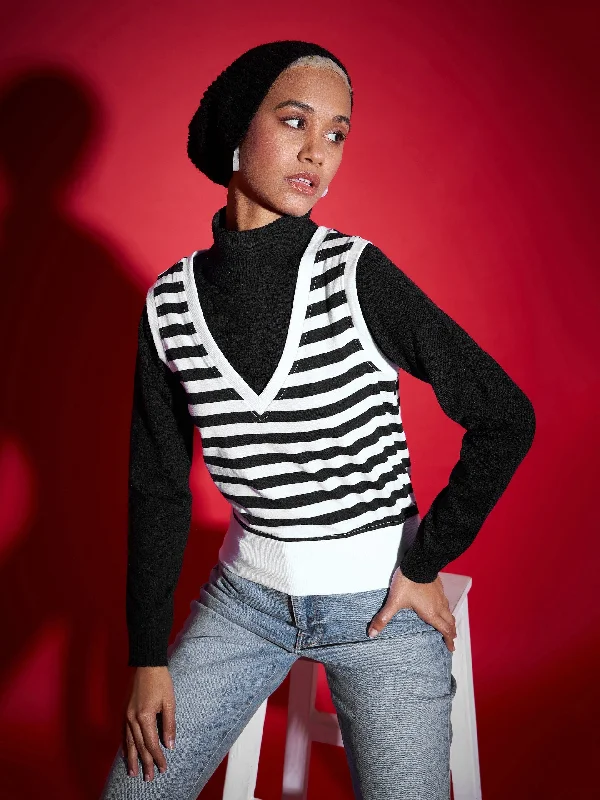 Women Black & White Striped V-Neck Sleeveless Sweater High-neck Sweatshirt Hoodie