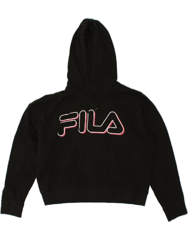 FILA Womens Oversized Crop Graphic Hoodie Jumper UK 14 Medium Black Cotton Minimalist sweaters