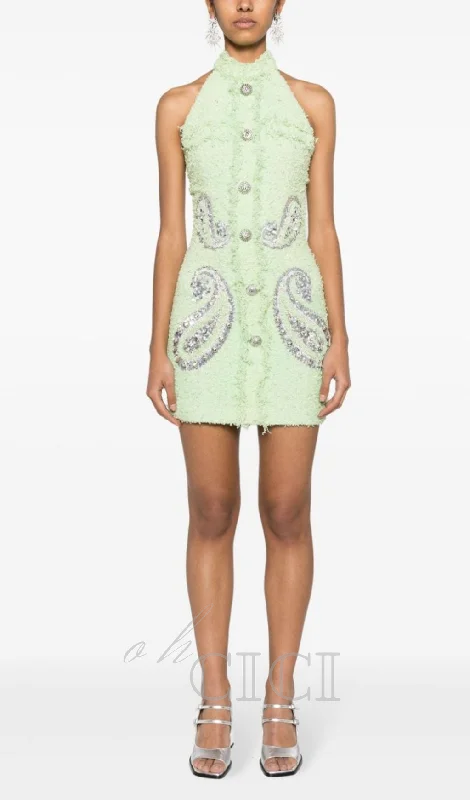 GEMMA PAISLEY-EMBELLISHED TWEED MINI DRESS IN GREEN Bodycon mini dresses