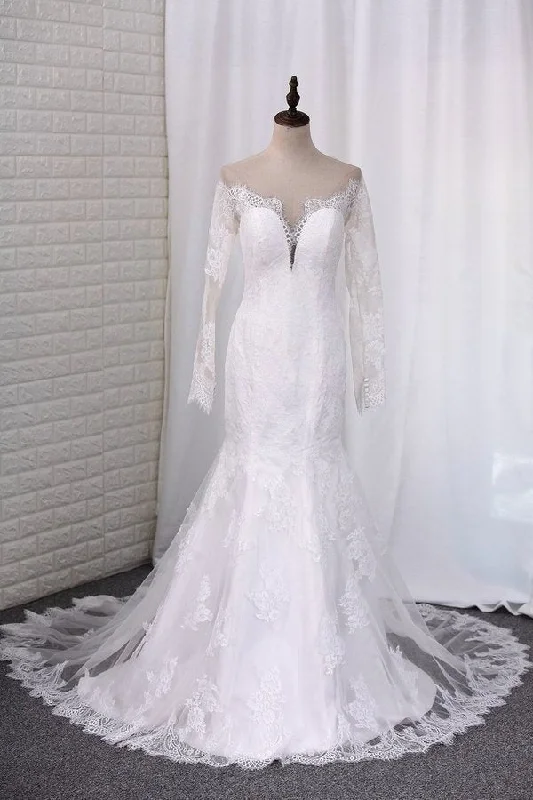 2024 Wedding Dresses Long Sleeves Scoop Mermaid Tulle PKG418MQ Full Length Gown