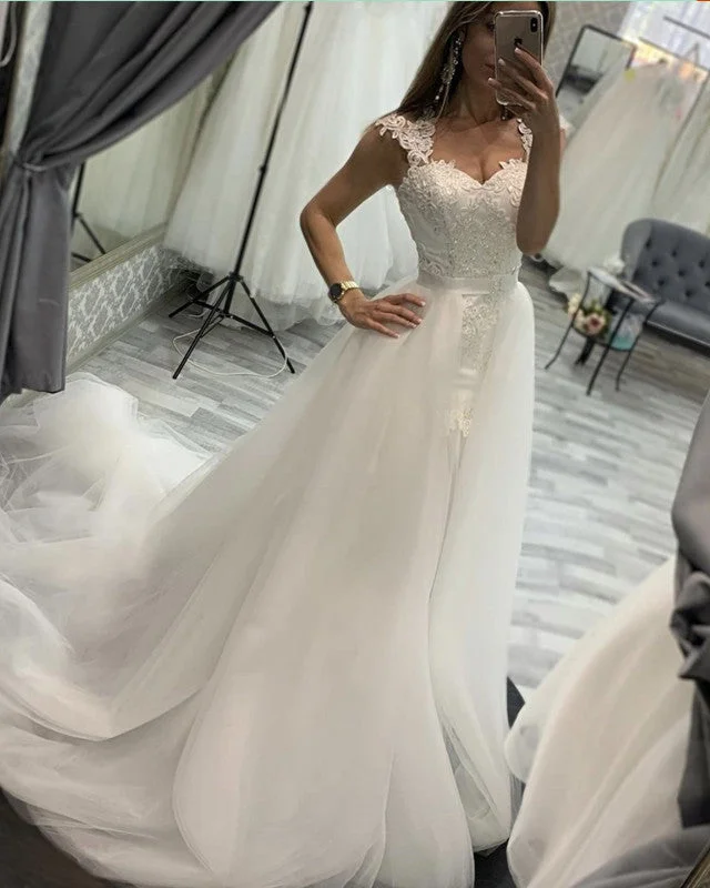 Removable Train Mermaid Wedding Dress Lace Sleeveless Bridal Gown