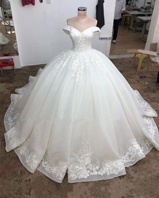 Ball Gown Organza Wedding Dress Lace Appliques Off Shoulder A-line Wedding Gown