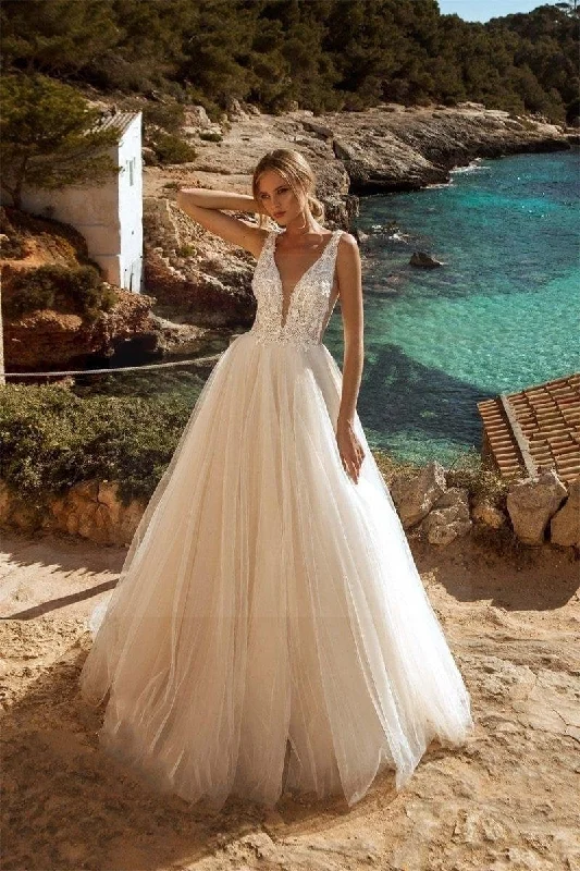 Boho wedding dress with backless Illusion Neckline Gown