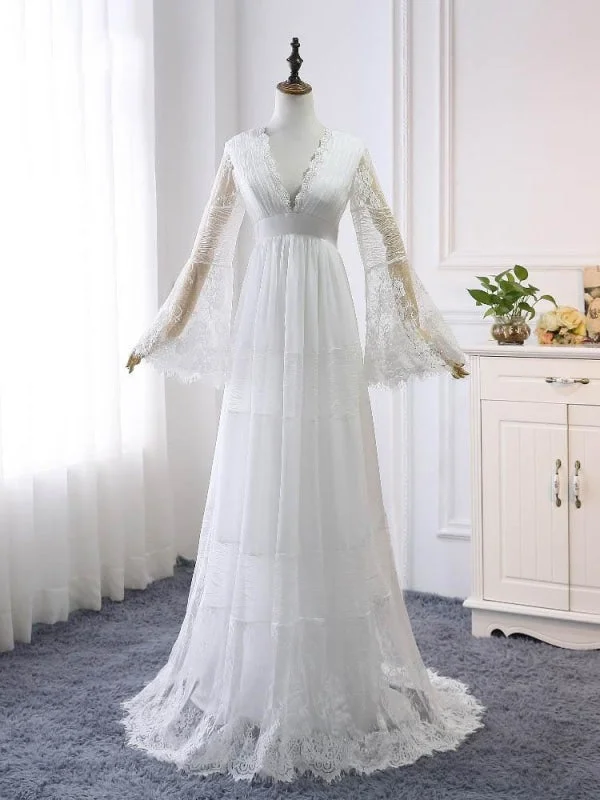 Elegant Long Sleeves V-Neck Tulle Wedding Dresses Soft Satin Bridal