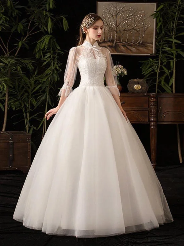 Gorgeous High Collar 3/4 Sleeve Lace-Up Ball Gown Wedding Dresses Classic Bridal Gown