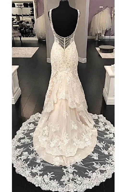 Luxurious V Neck Sleeveless Mermaid Long Lace Wedding Dress Sweep Train Bridal Dress N835 Modern Bridal Gown