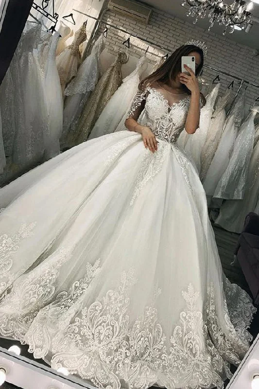 Sheer Tulle Ball Gown Wedding Dress With Appliques Short Sleeves Strapless Wedding Gown