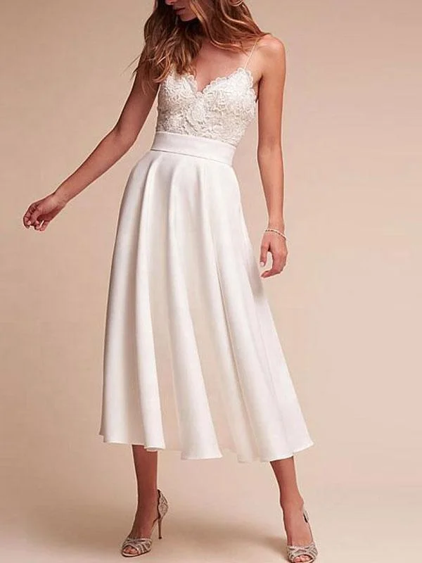 Short Wedding Dress V Neck Sleeveless A Line Tea Length Straps Bridal Gowns Floral Bridal Gown