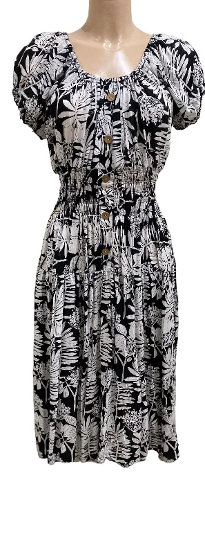 Black And White Tropical Leaf Print Midi Dress Wedding guest midi dresses