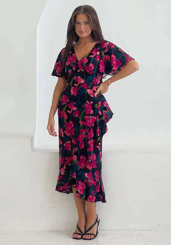 Girl In Mind Yara Floral Frill Midi Dress, Multi Office midi dresses