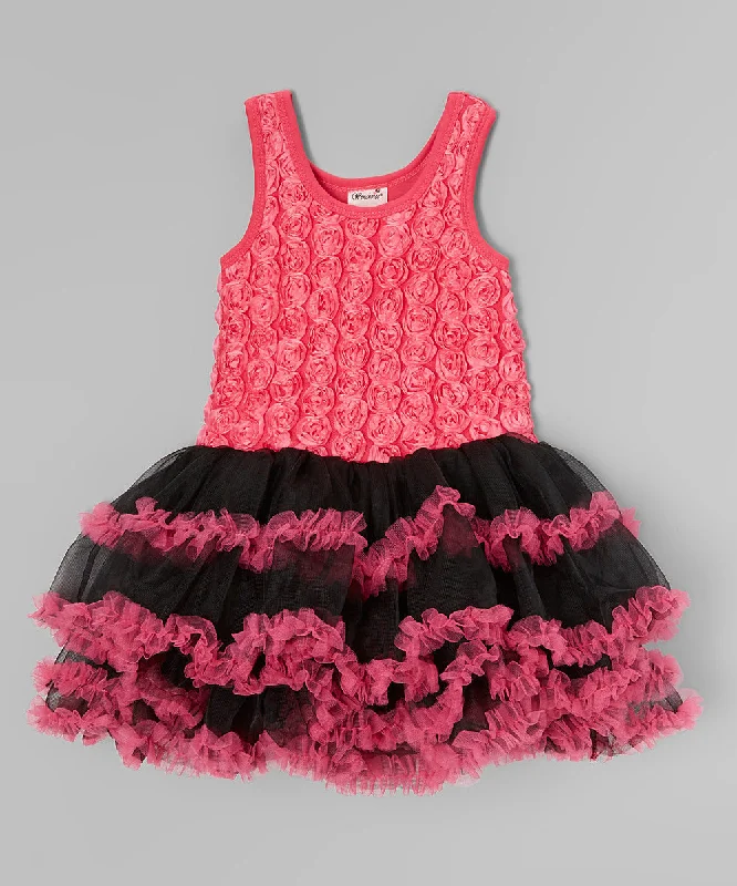 Hot Pink Rose & Black Ruffle Skirt Dress Breathable unclassified skirts