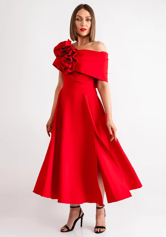 Kevan Jon Kyoto Bardot Corsage Flare Midi Dress, Red H&M midi dresses