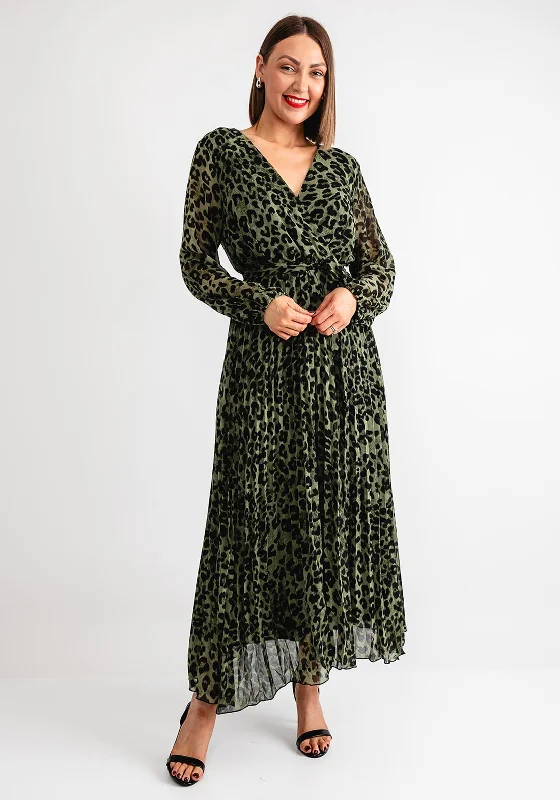 Serafina Collection Leopard Pleated Midi Wrap Dress, Green Holiday midi dresses