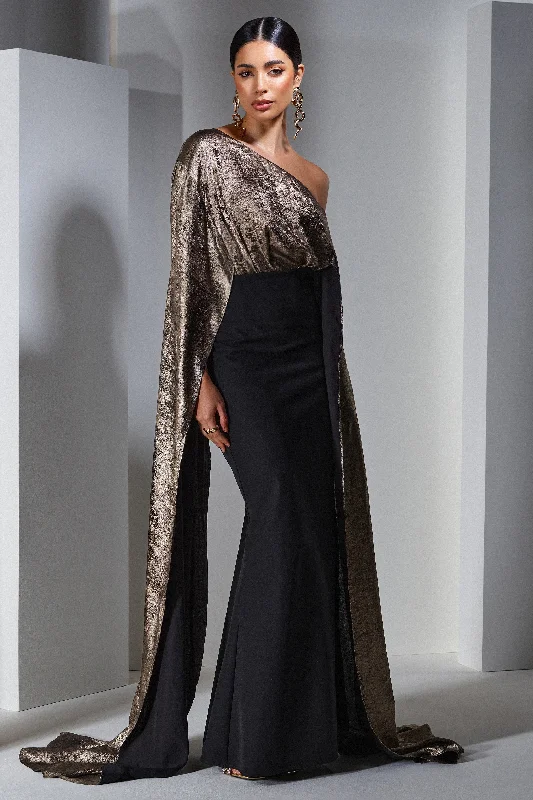 Alura | Black & Gold Metallic One Shoulder Cape Maxi Dress Office maxi dresses