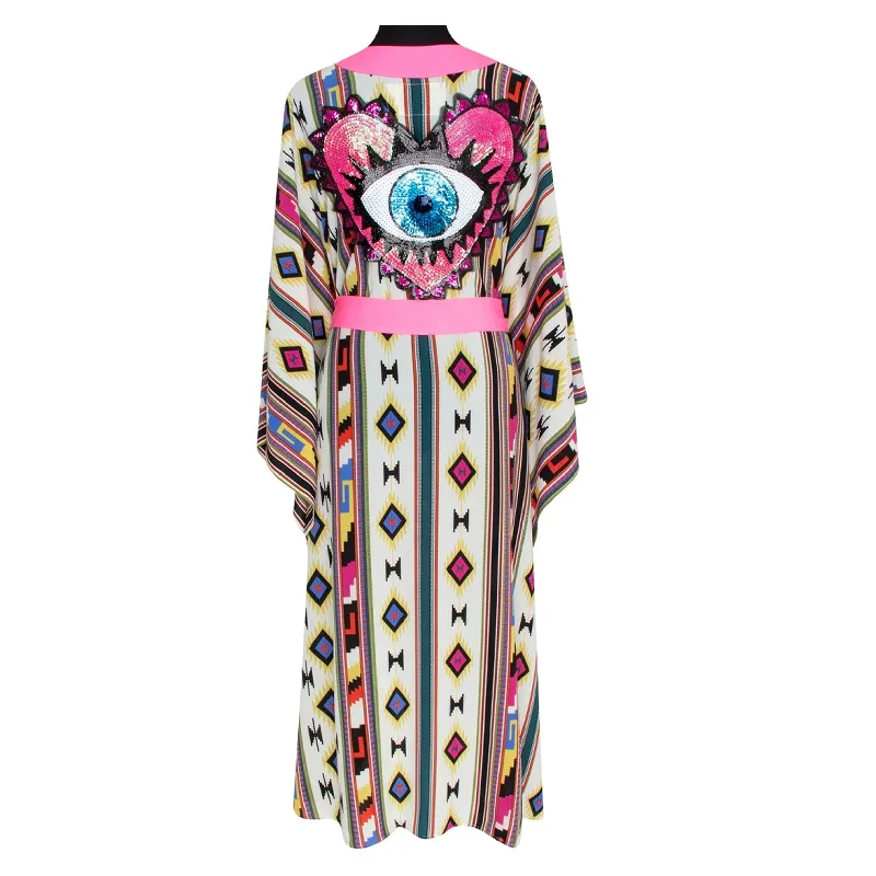 Boho Pink Navajo Kimono Evil Eye Neon Pink Long Tiered maxi dresses