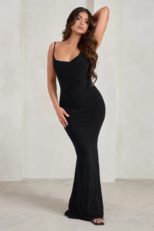 Corinne | Black Asymmetric Cowl Neck Backless Maxi Dress Best maxi dresses for curvy figures