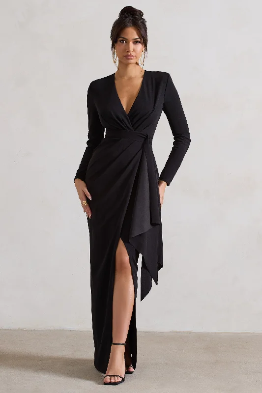 Odetta | Black Plunge-Neck Wrap Maxi Dress With Tie Waist Preppy maxi dresses