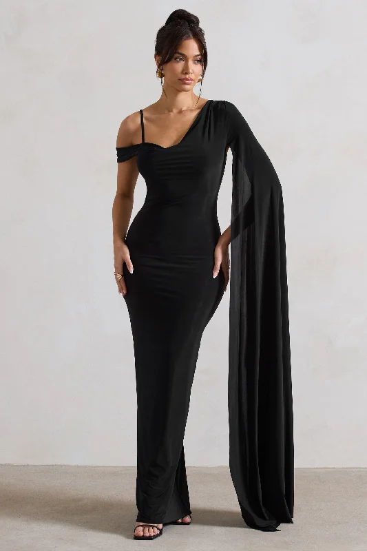 Pedra | Black One Shoulder Cape Sleeve Draped Maxi Dress Boohoo maxi dresses