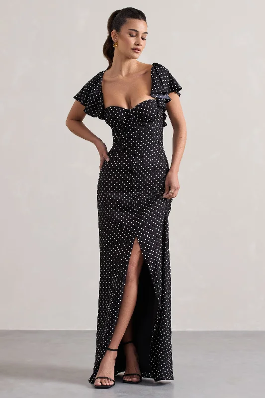 Signorina | Black Polka Dot Buttoned Maxi Dress With Flounced Short Sleeves Sexy maxi dresses