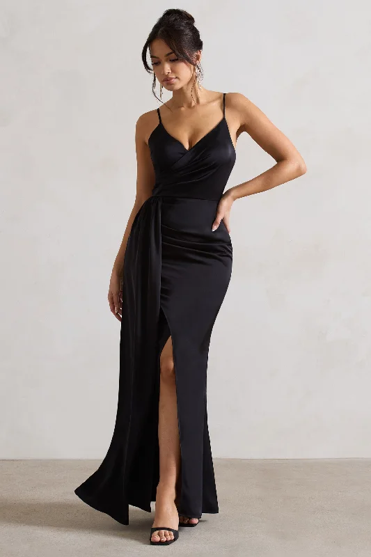 Soraya | Black Satin V-Neck Split Maxi Dress With Drape New Year's Eve maxi dresses