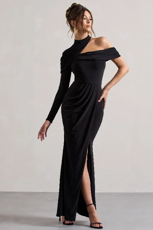 Tyla | Black Asymmetric High-Neck Split Maxi Dress Sequin maxi dresses