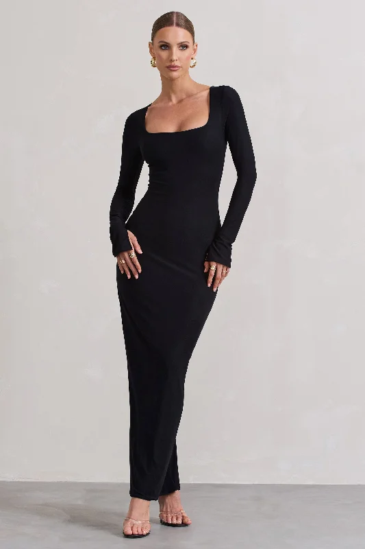 Viva | Black Square-Neck Long-Sleeve Maxi Dress Lace maxi dresses