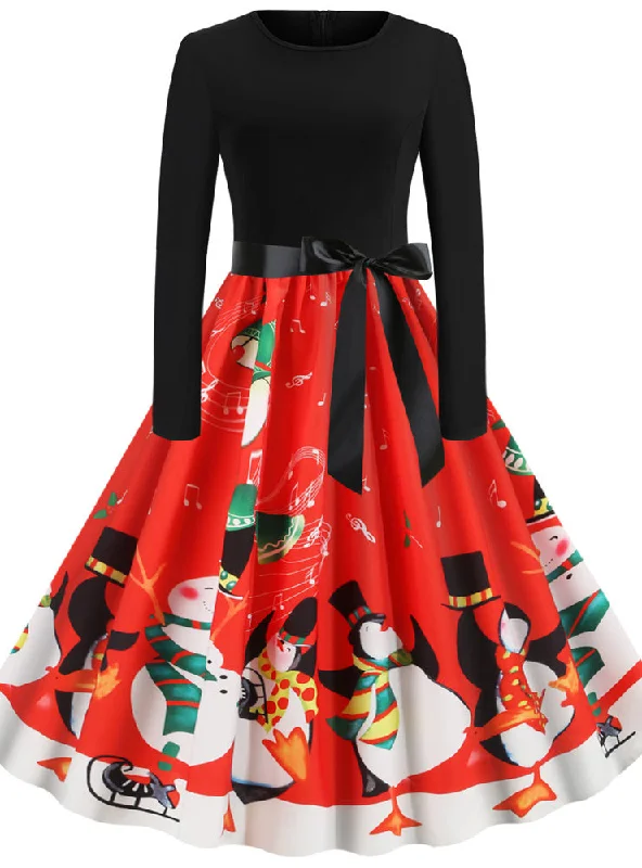 Christmas Penguin Print Long Sleeve Dress Garden party floral dresses