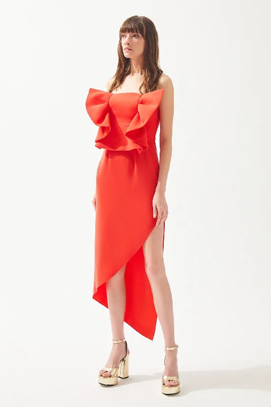 Coral Strapless Bow Detailed Asymmetrical Cut Dress Party unclassified dresses