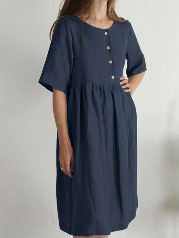 Blue Zone Planet |  Cotton Linen Round Neck Loose Solid Color Pocket Dress Mesh unclassified dresses