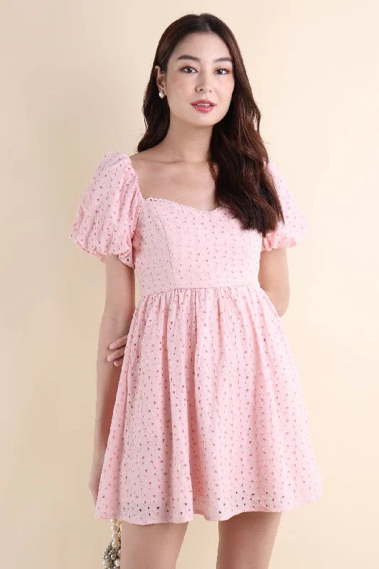 EMBER PUFF SLEEVES EYELET DRESS IN PINK Chiffon unclassified dresses