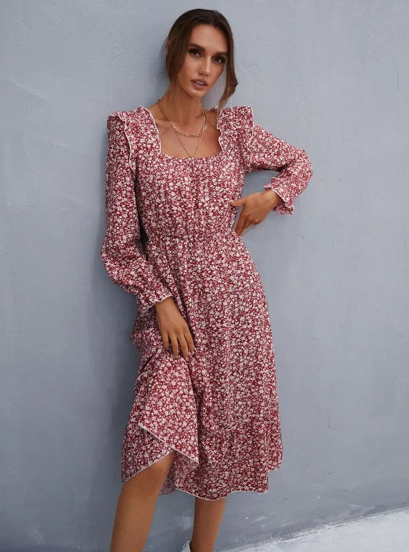 Floral Square Collar Long Sleeve Chiffon Flounce Dress Versatile floral dresses for all occasions