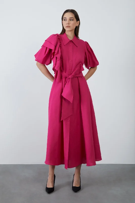 Flounce Detailed Drawstring Sleeve Fuchsia Linen Dress Trendy new unclassified dresses