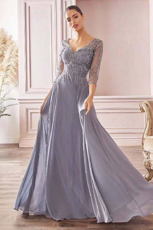 Flowy Chiffon A-Line Gown With Three-Quarter Sleeves And Trickle Embellished Bodice By Cinderella Divine -CD0171 Luxury unclassified dresses