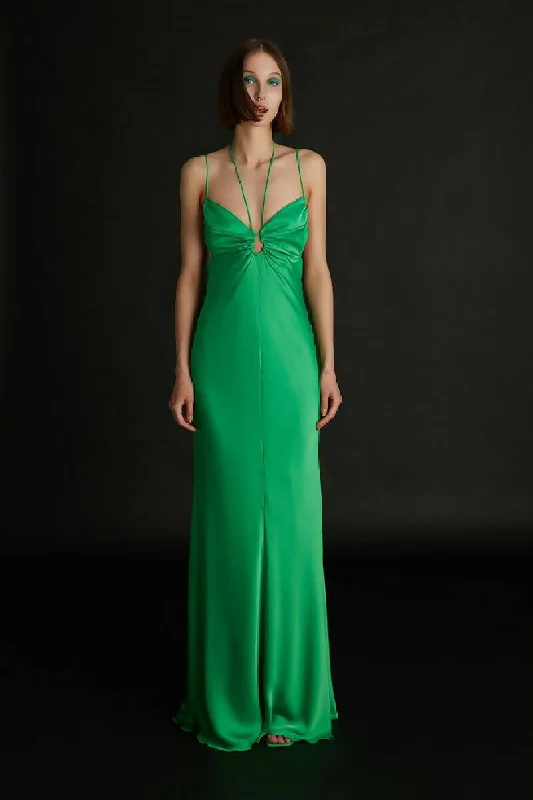 Green Satin Dress With Window Detail Ruffled unclassified dresses