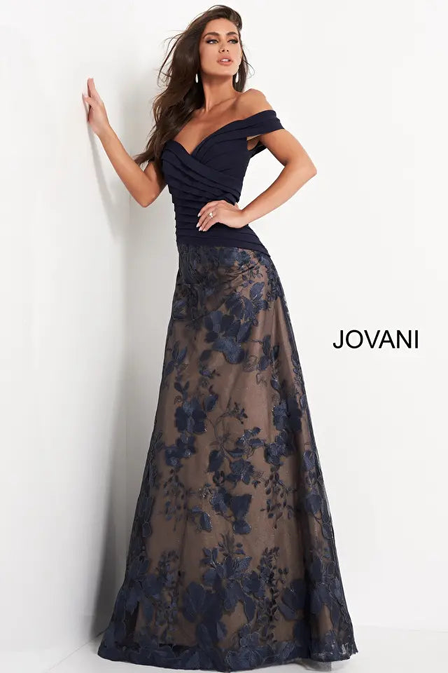 Jovani -02852 Off Shoulder Pleated Bodice Embroidered Gown Petite unclassified dresses