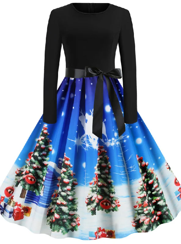 Long Sleeve Print Retro Christmas Dress Cocktail floral dresses