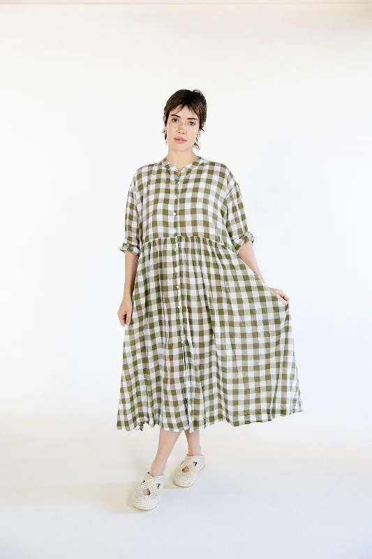 Metta - Oak Gathered Waist Dress - Olive Check  Cotton Voile Vacation unclassified dresses