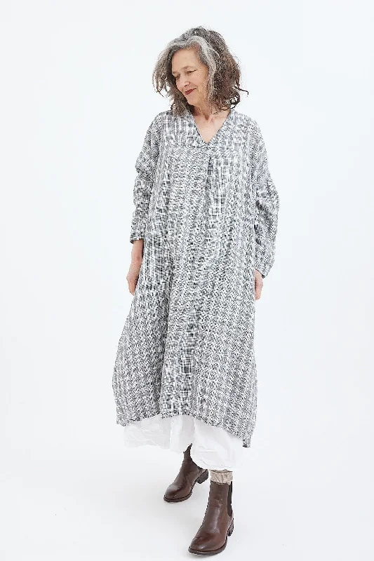 Metta - Ottilie V-Neck Dress - Textured Linen Black Check Long sleeve unclassified dresses