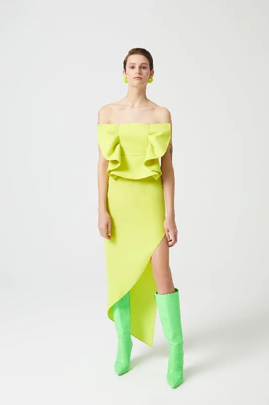 Neon Green Strapless Bow Detailed Asymmetrical Cut Dress Soft fabric unclassified dresses