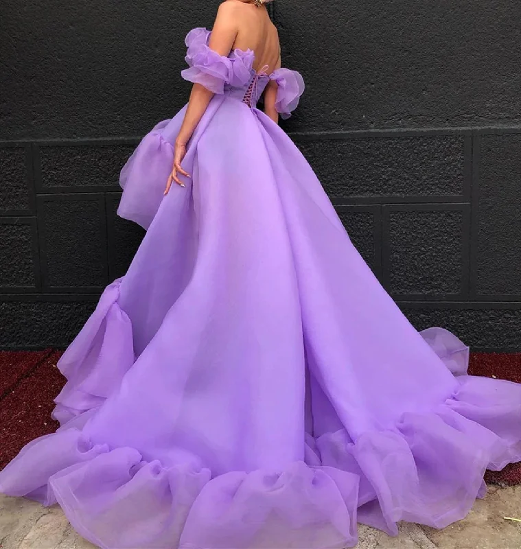 Off the Shoulder Purple High Low Prom Dresses, High Low Purple Formal Graduation Dresses Chiffon unclassified dresses