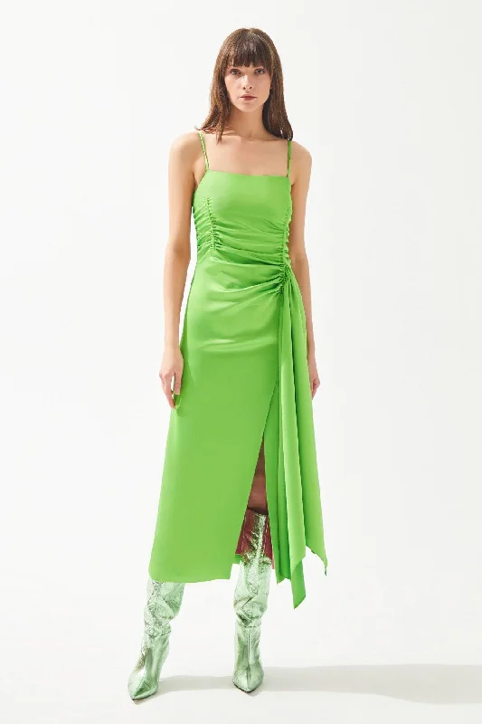 Olive Green Slim Strappy Detailed Slit Mid Length Dress Satin unclassified dresses