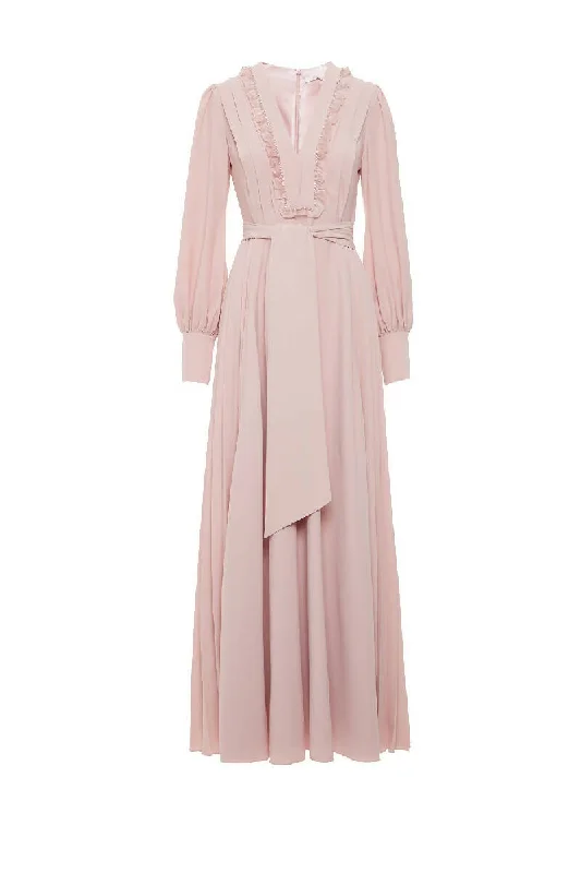 Pleated Pink Dress with Belt Embroidery Detail Fall unclassified dresses