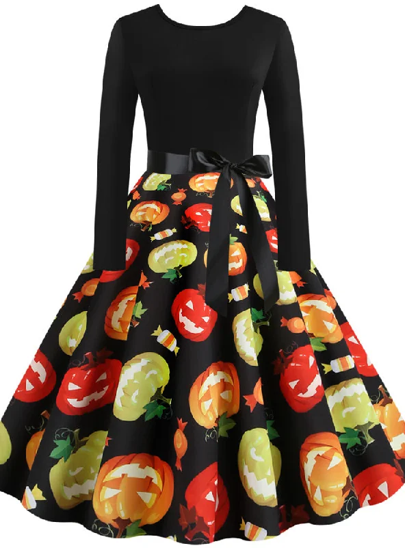 Printed Pumpkin Retro Long-sleeved Dress Office floral dresses