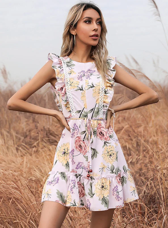 Printed Round Neck Stitching Flounce Dress Y2K floral dresses